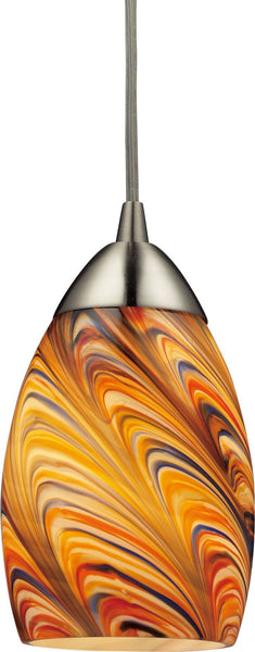 Mini Vortex 1 Light Pendant In Satin Nickel and Rainbow Glass