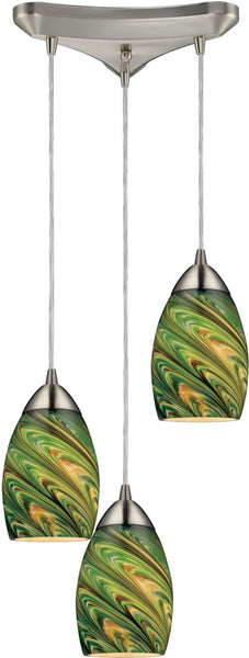Mini Vortex 3 Light Pendant In Satin Nickel and Evergreen Glass