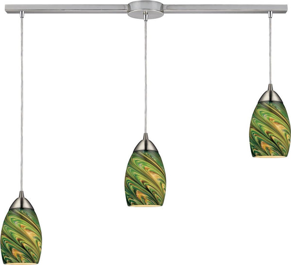 Mini Vortex 3 Light Pendant In Satin Nickel and Evergreen Glass