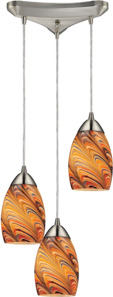Mini Vortex 3 Light Pendant In Satin Nickel and Rainbow Glass