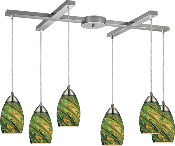 Mini Vortex 6 Light Pendant In Satin Nickel and Evergreen Glass
