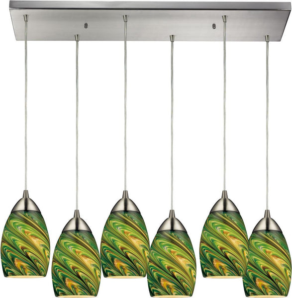 Mini Vortex 6 Light Pendant In Satin Nickel and Evergreen Glass