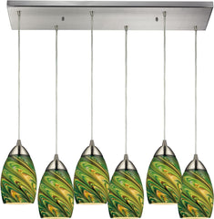 Mini Vortex 6 Light Pendant In Satin Nickel and Evergreen Glass