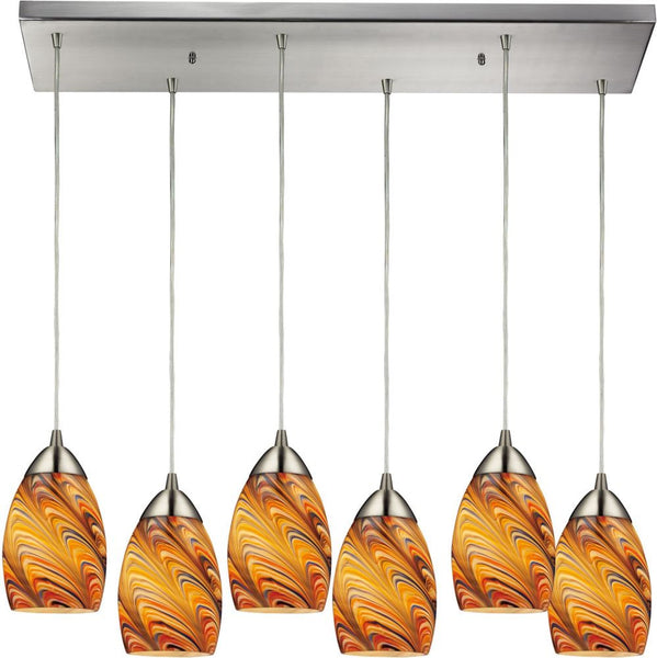 Mini Vortex 6 Light Pendant In Satin Nickel and Rainbow Glass