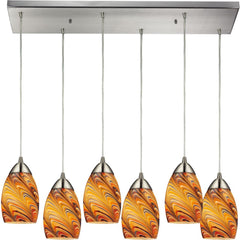Mini Vortex 6 Light Pendant In Satin Nickel and Rainbow Glass