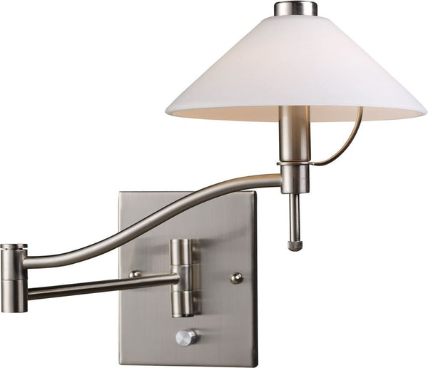 Swingarms 1 Light Swingarm Wall Sconce In Satin Nickel and White