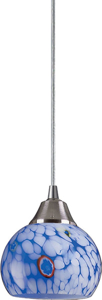 Mela 1 Light Led Pendant In Satin Nickel and Starlight Blue Glass