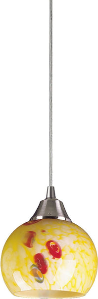 Mela 1 Light Led Pendant In Satin Nickel and Yellow Blaze Glass