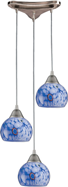 Mela 3 Light Pendant In Satin Nickel and Starburst Blue Glass