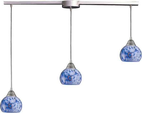 Mela 3 Light Pendant In Satin Nickel and Starburst Blue Glass