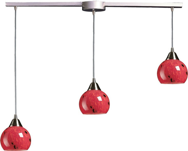 Mela 3 Light Pendant In Satin Nickel and Fire Red