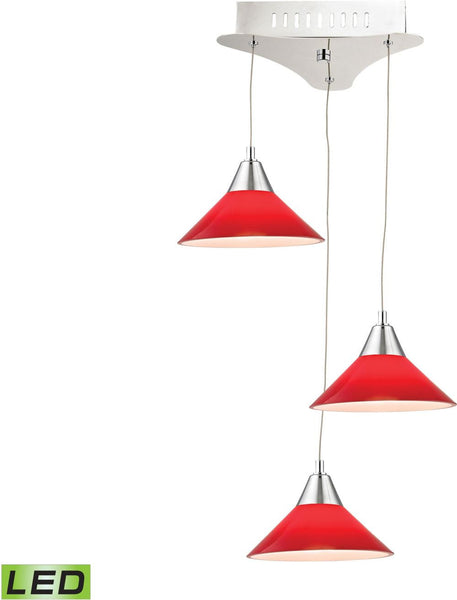 Cono 3 Light Led Pendant In Chrome With Red Glass