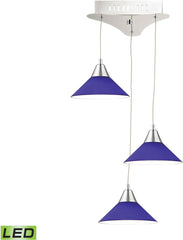 Cono 3 Light Led Pendant In Chrome With Blue Glass