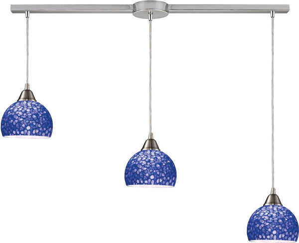 Cira 3 Light Pendant In Satin Nickel With Pebbled Blue Glass