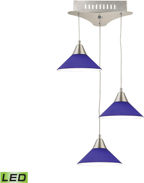Cono 3 Light Led Pendant In Satin Nickel With Blue Glass