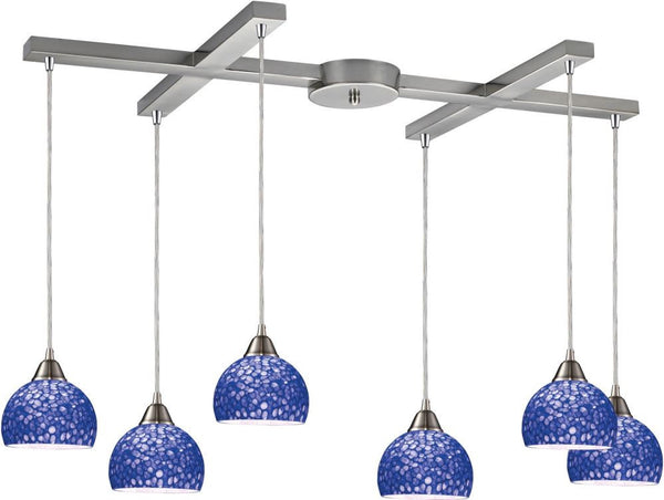 Cira 6 Light Pendant In Satin Nickel With Pebbled Blue Glass