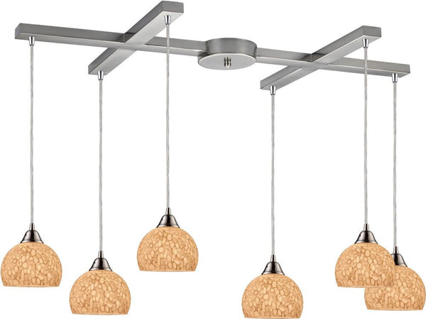 Cira 6 Light Pendant In Satin Nickel and Pebbled Gray-White Glass
