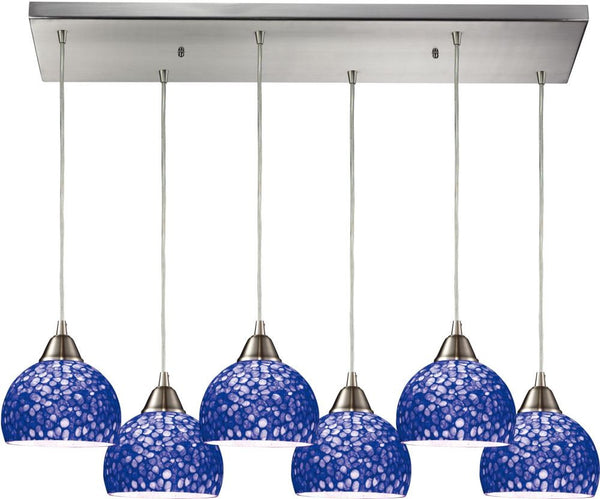 Cira 6 Light Pendant In Satin Nickel and Pebbled Blue Glass