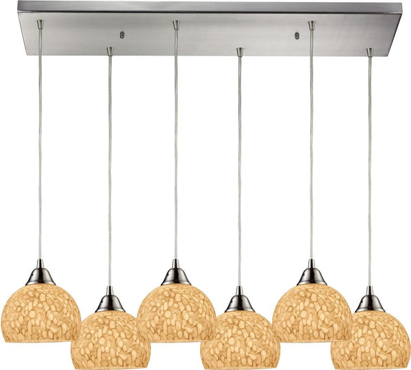Cira 6 Light Pendant In Satin Nickel Pebbled Gray-White Glass
