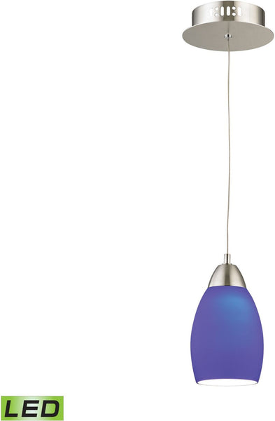 Buro 1 Light Led Pendant In Satin Nickel With Blue Glass