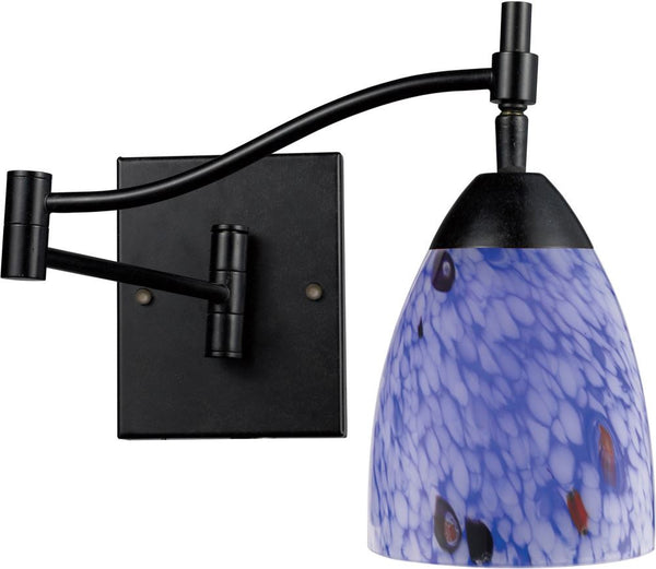 Celina 1 Light Swingarm Sconce In Dark Rust and Starburst Blue Glass