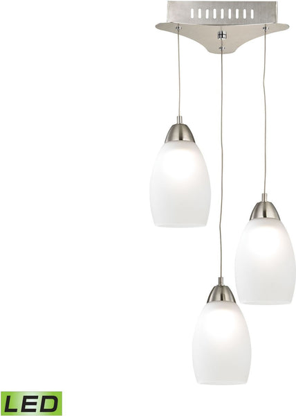 Buro 3 Light Led Pendant In Satin Nickel With White Glass