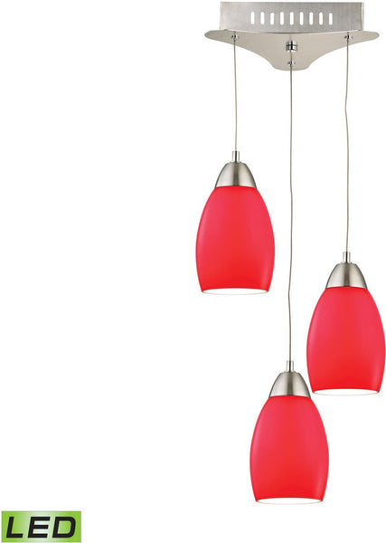 Buro 3 Light Led Pendant In Satin Nickel With Red Glass