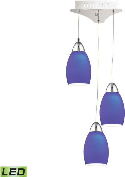 Buro 3 Light Led Pendant In Chrome With Blue Glass