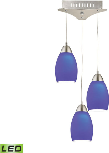 Buro 3 Light Led Pendant In Satin Nickel With Blue Glass
