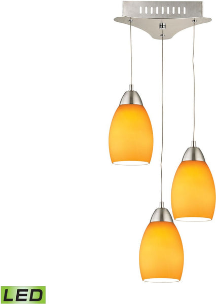 Buro 3 Light Led Pendant In Satin Nickel With Yellow Glass