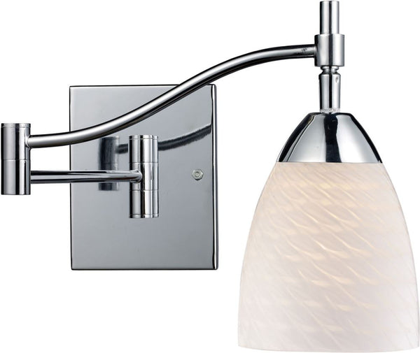 Celina 1 Light Swingarm In Polished Chrome and White Swirl Glass