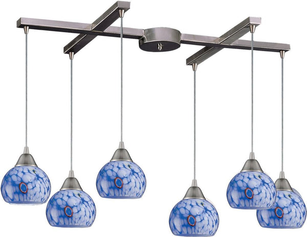 Mela 6 Light Pendant In Satin Nickel and Starburst Blue Glass