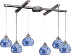 Mela 6 Light Pendant In Satin Nickel and Starburst Blue Glass