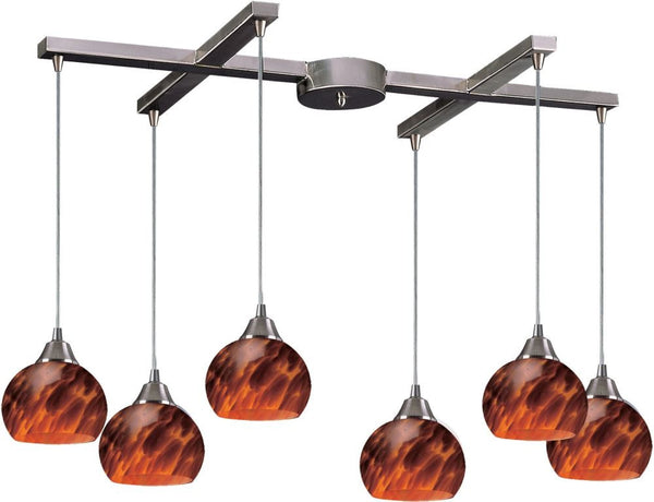 Mela 6 Light Pendant In Satin Nickel and Espresso Glass