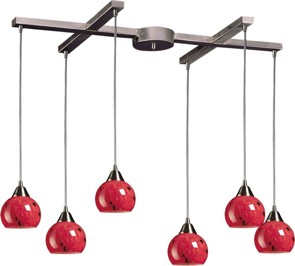 Mela 6 Light Pendant In Satin Nickel and Fire Red Glass