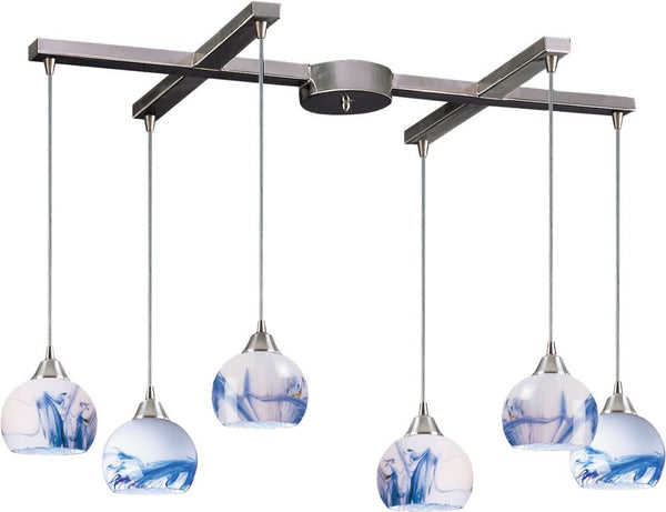 Mela 6 Light Pendant In Satin Nickel and Mountain Glass