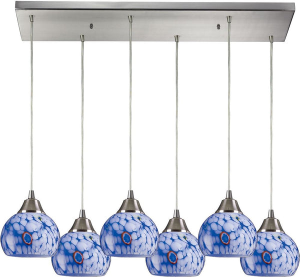 Mela 6 Light Pendant In Satin Nickel and Starburst Blue Glass