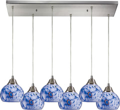 Mela 6 Light Pendant In Satin Nickel and Starburst Blue Glass
