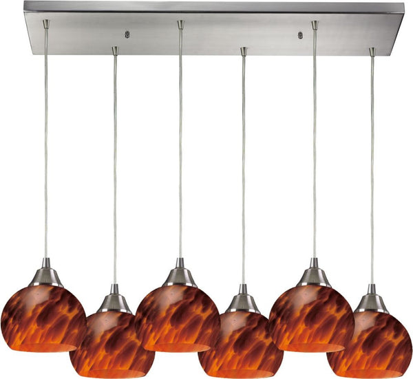 Mela 6 Light Pendant In Satin Nickel and Espresso Glass
