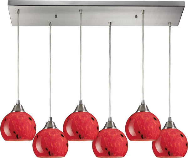 Mela 6 Light Pendant In Satin Nickel and Fire Red Glass