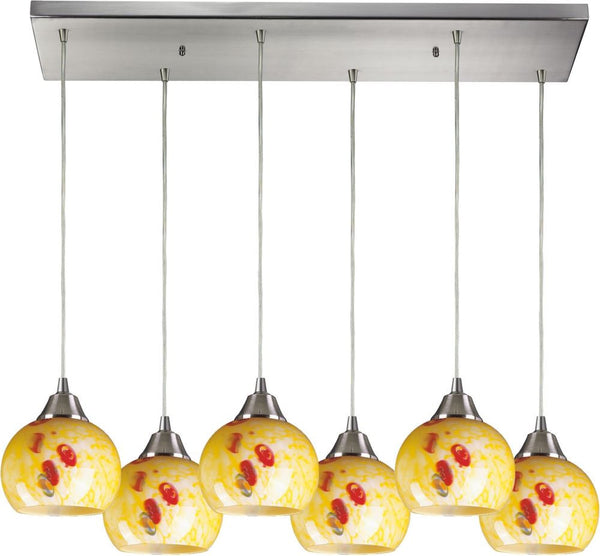 Mela 6 Light Pendant In Satin Nickel and Yellow Blaze Glass