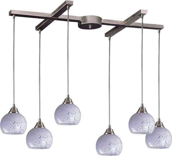 Mela 6 Light Pendant In Satin Nickel and Snow White Glass