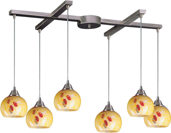 Mela 6 Light Pendant In Satin Nickel and Yellow Blaze Glass