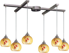 Mela 6 Light Pendant In Satin Nickel and Yellow Blaze Glass