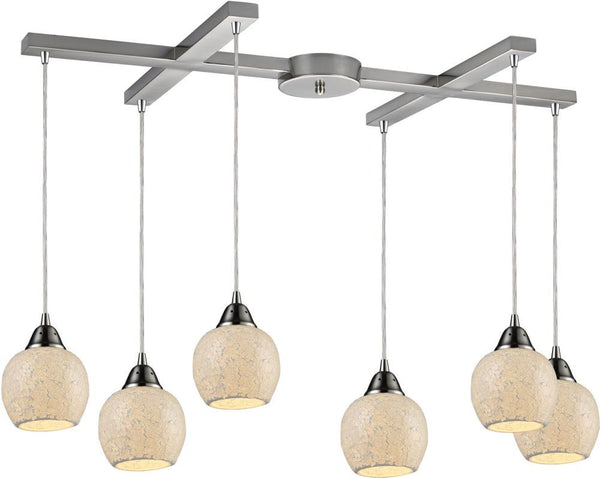 Fission 6 Light Pendant In Satin Nickel and Cloud Glass