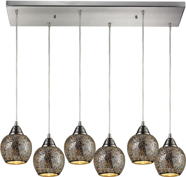 Fission 6 Light Pendant In Satin Nickel and Silver Glass