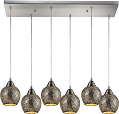 Fission 6 Light Pendant In Satin Nickel and Silver Glass