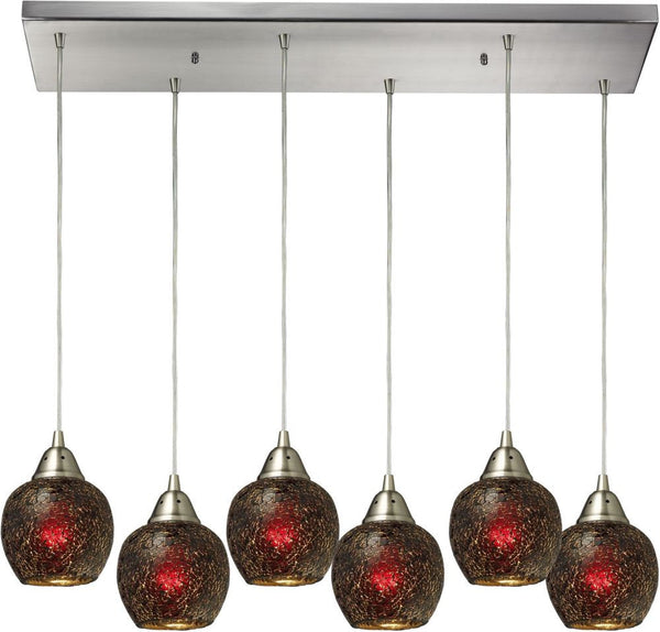 Fission 6 Light Pendant In Satin Nickel and Wine Glass