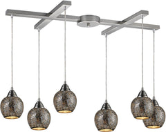 Fission 6 Light Pendant In Satin Nickel and Silver Glass