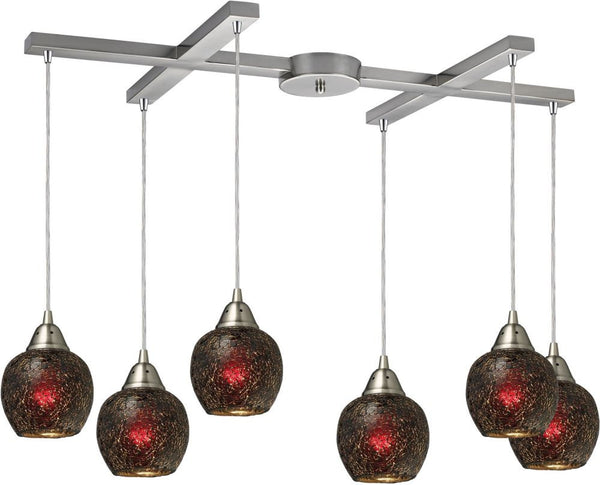 Fission 6 Light Pendant In Satin Nickel and Wine Glass